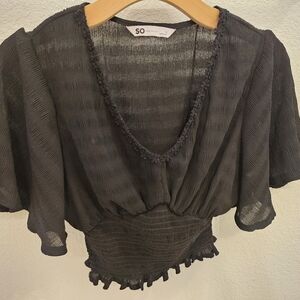Black Blouse V Neck Draped Sleeve Sheer Material